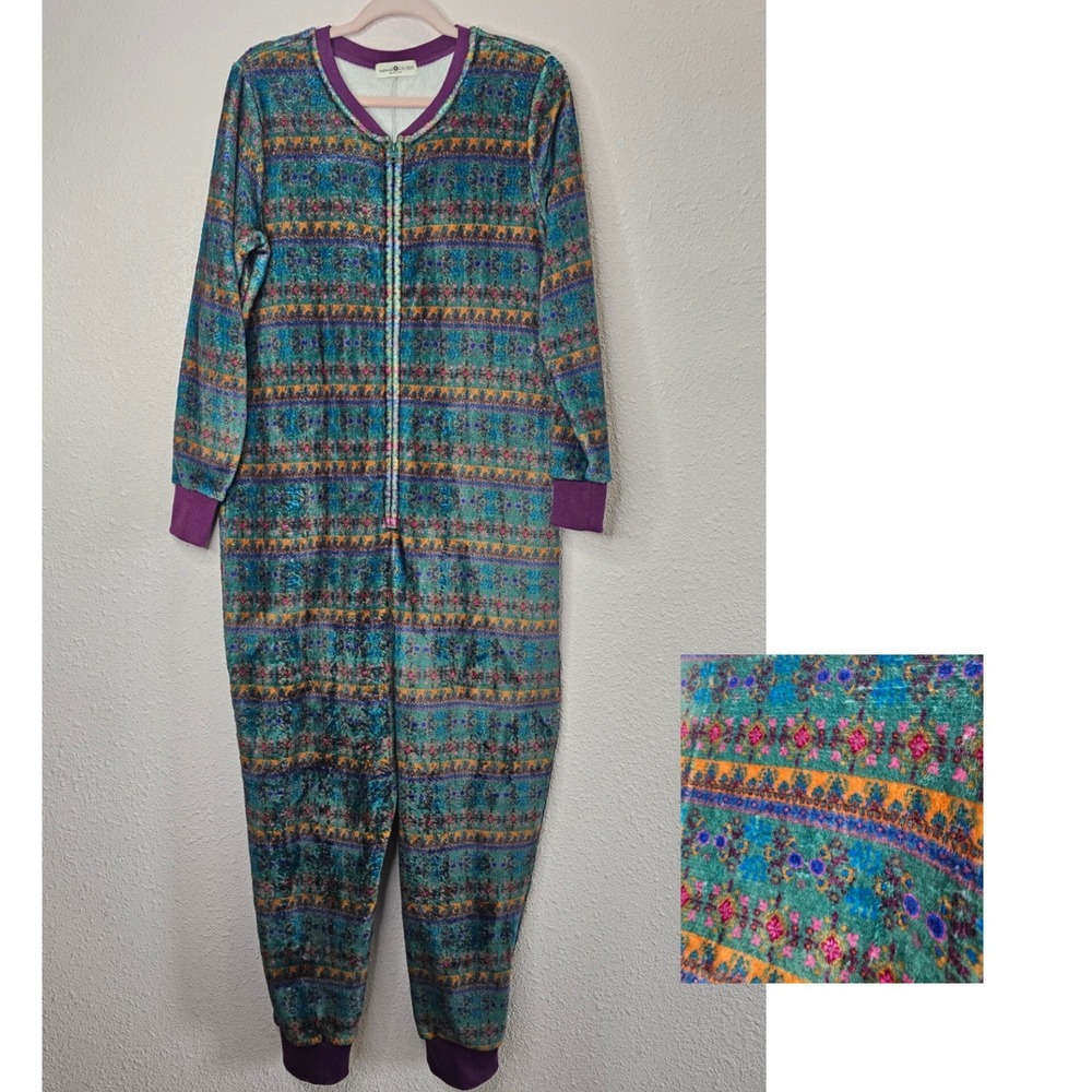 Natural Life Womens Fleece One Piece Pajama Boho Fairytale Teal‎ Purple XS/S